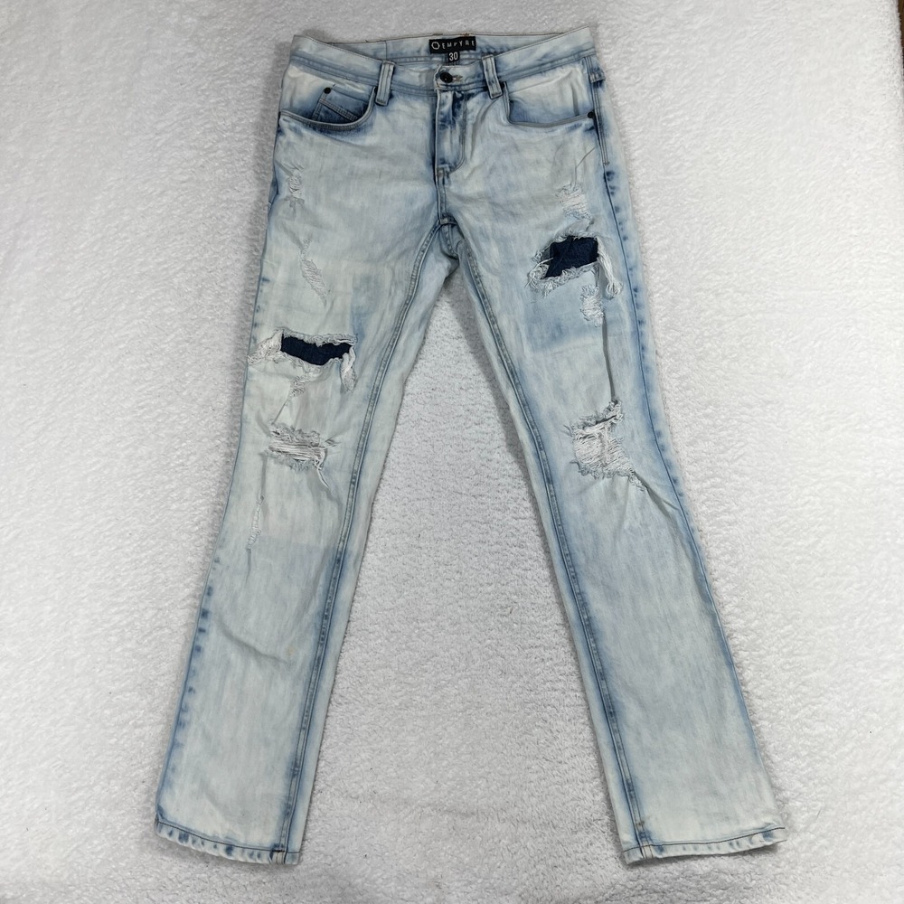 Empyre Mens Skeletor Jeans 30 (30.5x31) Distressed Straight Leg Blue Denim Light